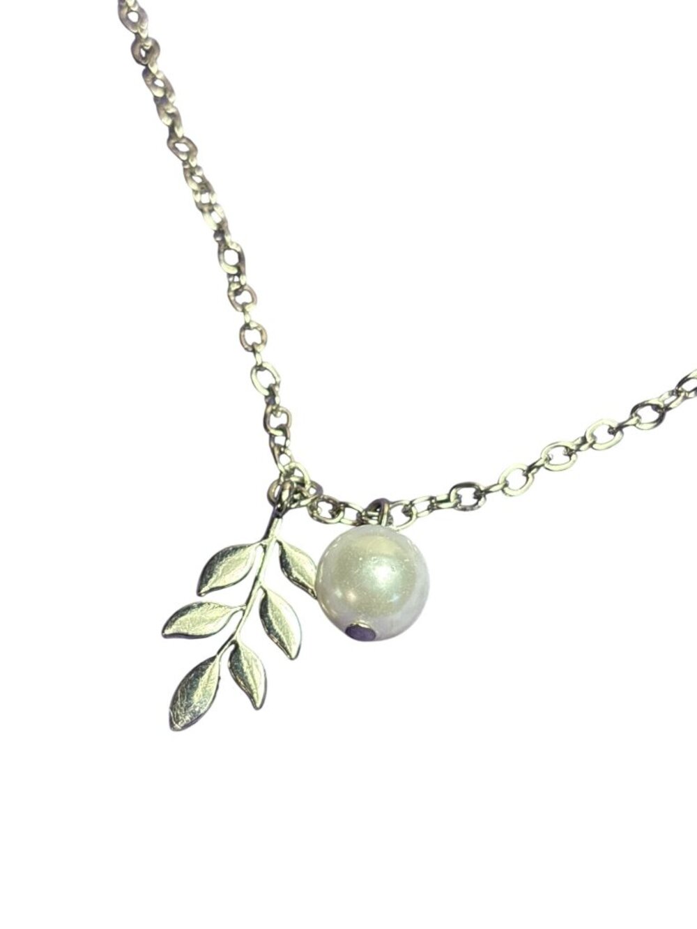 Silvertone Olive Branch Faux Pearl Bead Charms Necklace 18 - 20 inches Long